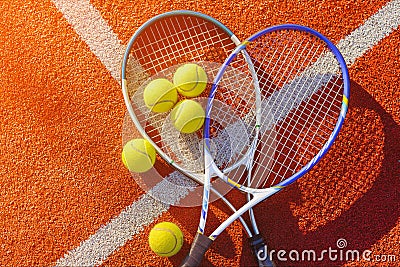 Tennis game. Tennis balls and rackets on Stock Photo