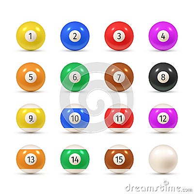 Balls for billiards varicolored realistic set. American pool, snooker numbered equipment. Vector Illustration