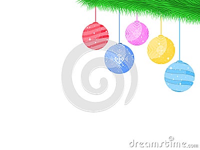 Balls on the Christmas tree branch. Festive toys, decorations. Vector Vector Illustration