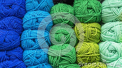 Balls of multi-colored yarn closeup. Concept of needlework, knitting, handmade, hobby Stock Photo