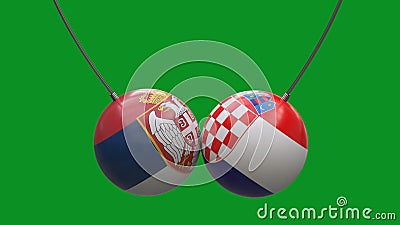 Balls on ropes in the colors of the national flags of Serbia and Croatia collided against each other against a neutral background Stock Photo