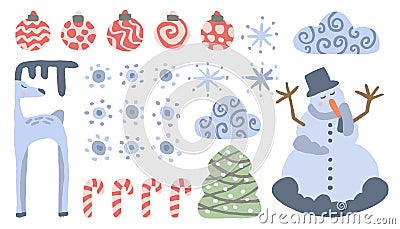 Set of Xmas objects on a white background. Balls, snowflakes, Christmas candies, spruce, clouds, snowman, deer. Cute Vector Illustration