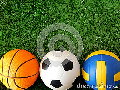 Balls for soccer, basketball and volleyball are lying on the green grass. Stock Photo