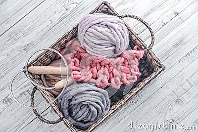 Balls of super chunky merino woolen yarn Stock Photo