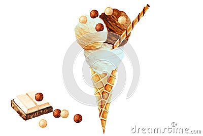 Balls of vanilla, chocolate and creme brulee ice cream in a waffle cone, watercolor Cartoon Illustration