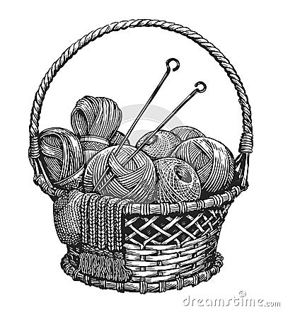 Balls of yarn in basket. Clews, skeins of thread, knitting needles. Tools female hobby handicraft sketch vintage vector Vector Illustration