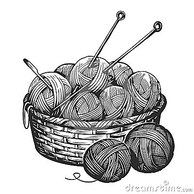 Balls of yarn, knitting needles in basket. Clews, skeins of thread. Tools female hobby handicraft, hand-knitting sketch Vector Illustration