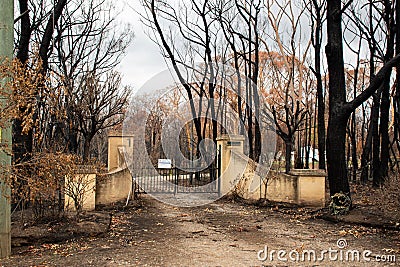 Australian bushfire aftermath: Burnt and damaged property with Hazard Identification Notice at Editorial Stock Photo