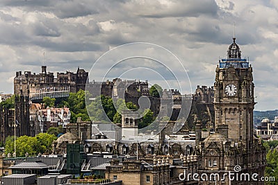 Balmoral Clock Tower and Castle from Calton Hill, Edinburgh, Scotland, UK. Stock Photo