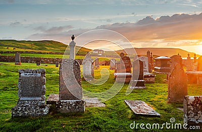 Balnakeil Chapel,historic church ruins and graveyard at sunset,next to Balnakeil Beach, Lairg,northwest Scotland,UK Editorial Stock Photo