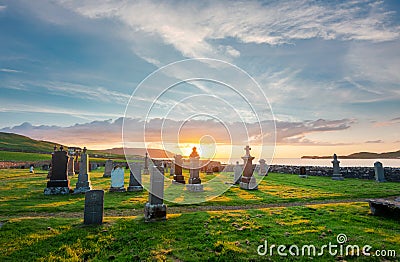 Balnakeil Chapel,historic church ruins and graveyard at sunset,next to Balnakeil Beach, Lairg,northwest Scotland,UK Editorial Stock Photo