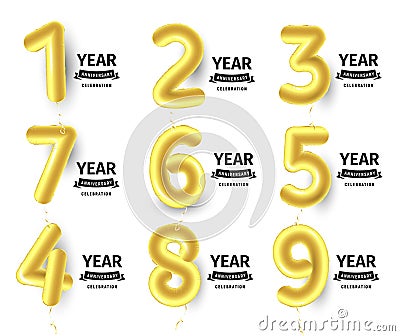 Baloons numbers set, golden air balls for decoration birthday party collection, vector anniversary illustration, posters Vector Illustration