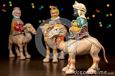 Balthazar in front of others Magi. Nativity scene. Christmas traditions. Stock Photo