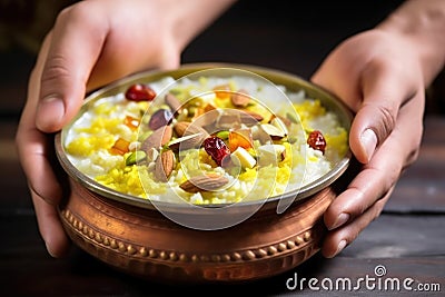 balti dish of indian kheer rice pudding being served by a hand Stock Photo