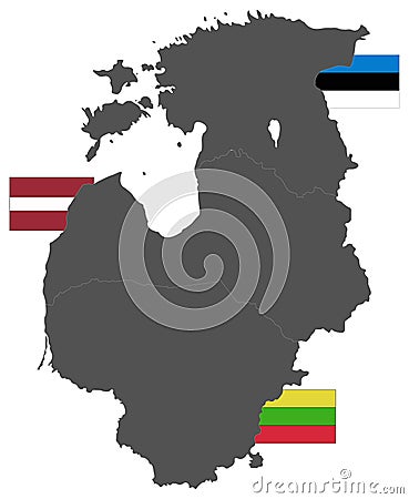 Baltic countries map with flags - Baltic states, Baltic republics, Baltic nations or simply the Baltics Vector Illustration