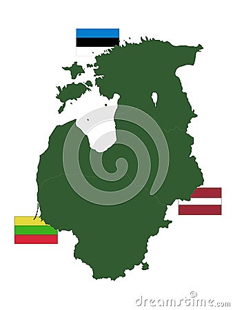 Baltic countries map with flags - Baltic states, Baltic republics, Baltic nations or simply the Baltics Vector Illustration