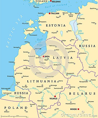 Baltic Countries Political Map States Area Capitals National Borders Important Cities Rivers Lakes English 60634313 