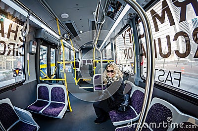 Baltimore, Maryland - Fisheye view of the interior of a Charm City Circulator bus in Baltimore. This bus is Editorial Stock Photo