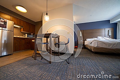 Baltimore, Maryland - May 14, 2019: View of a Residence Inn by Marriott, newly remodeled hotel room, with a studio suite and Editorial Stock Photo