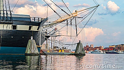 Baltimore, Maryland, US - September 4, 2019 View of Baltimore Harbor with USS Constellation Ship and office buildings Stock Photo