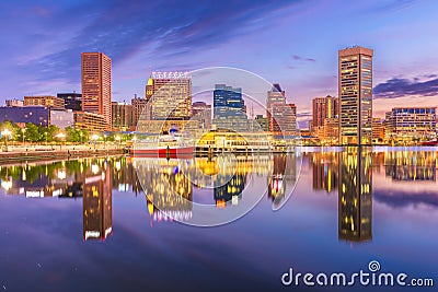 Baltimore, Maryland, USA Skyline on the Inner Harbor at dusk Stock Photo