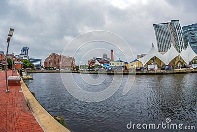 The Waterfront Promenade at the Inner Harbor with large angle view of Potapsco river Editorial Stock Photo