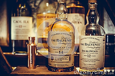 Balvenie whisky bottles in a bar Editorial Stock Photo