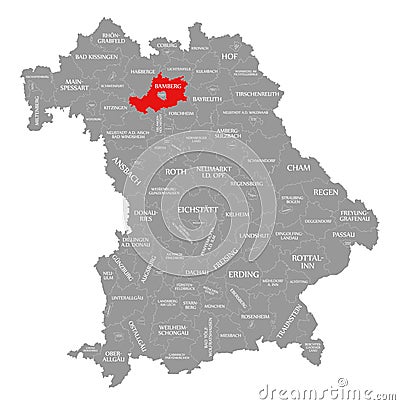 Bamberg county red highlighted in map of Bavaria Germany Cartoon Illustration