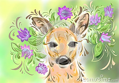 Bambi deer in the forest with flowers Vector Illustration