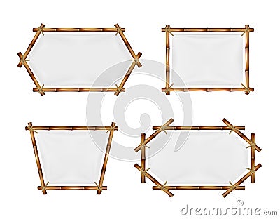 Bamboo banners. Different shapes realistic frame with stretched white fabric, rustic empty advertising canvases, tied Vector Illustration