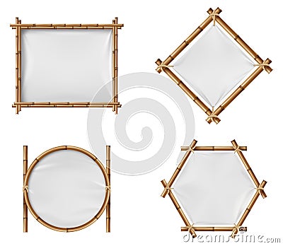 Bamboo banners. Realistic wooden frames with textile. 3D Japanese posters with copy space. Geometric constructions Vector Illustration