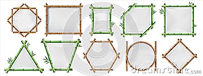 Bamboo banners. Realistic wooden frames with white textile, 3D blank Japanese posters, geometric constructions. Green Vector Illustration