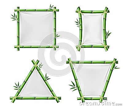 Bamboo banners. Realistic wooden frames with white textile. 3D blank Japanese posters. Geometric constructions. Green Vector Illustration