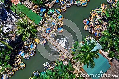 Bamboo basket boats on Thu Bon River, Coconut village eco tour in Hoi An, Vietnam Stock Photo