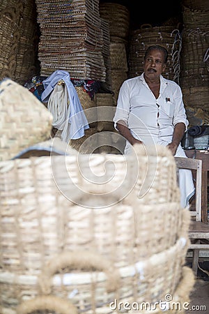 Bamboo basket manufacturer in Varkala, India Editorial Stock Photo