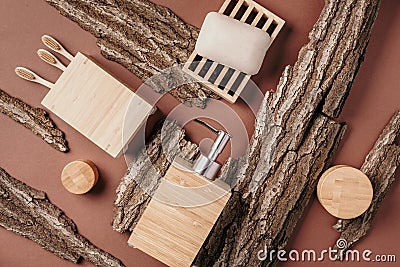Bamboo bath accessories - soap dish, soap dispenser, tooth brush, organic dry shampoo for personal hygiene on wooden Stock Photo