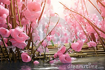 Bamboo Blossoms Pink ribbons intertwined with Stock Photo