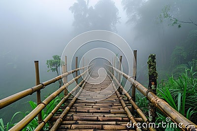 Bamboo bridge foggy. Generate Ai Stock Photo