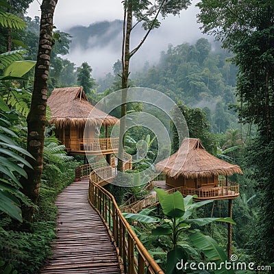 Bamboo Bungalows Suspended in the Rainforest Mist Stock Photo