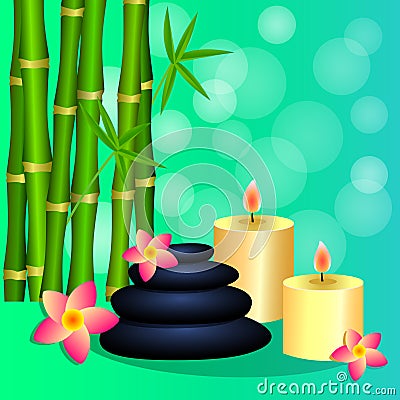 Bamboo candles Spa stones for banner leaflet brochure, poste Vector Illustration