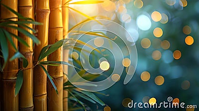 bamboo close up background with bokeh lights, large copyspace area, offcenter composition Stock Photo