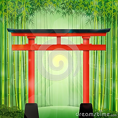 Bamboo forest with red Japanese gate Vector Illustration