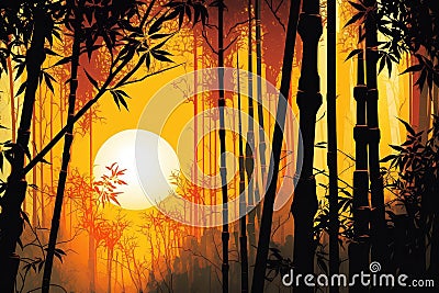 bamboo forest at sunrise with orange and yellow hues Stock Photo