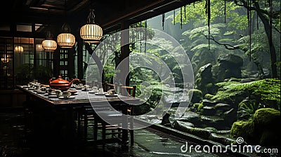 Bamboo Forest Tea Room Misty Rain Slate Path Beautiful Artistic of Bamboo Forests on Both Sides Background Stock Photo