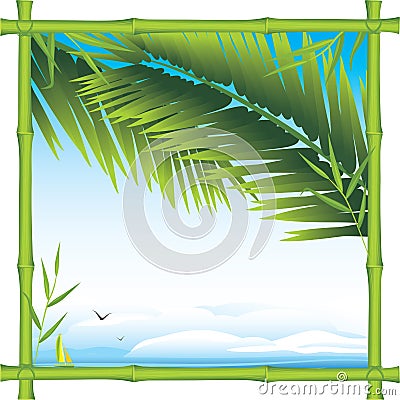 Bamboo frame with palm branches and landscape Vector Illustration