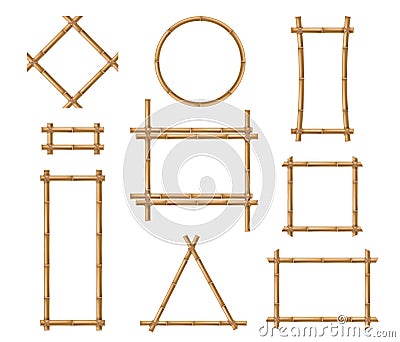 Bamboo frame. Wooden brown bamboo stick square and round border frames tied by ropes in japanese and chinese style Vector Illustration