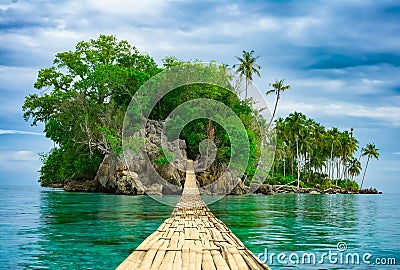 Bamboo hanging bridge over sea to tropical island Stock Photo