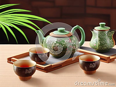 Bamboo mat with a Japanese teapot and cups. Stock Photo