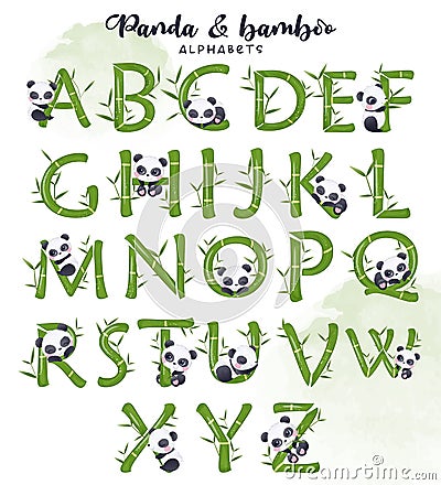 Bamboo And Panda Decorative Letters Cartoon Illustration