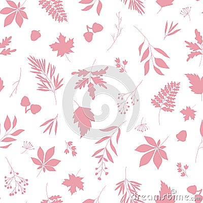 Autumn pink leaves silhouettes seamless vector pattern with white background. Cartoon Illustration